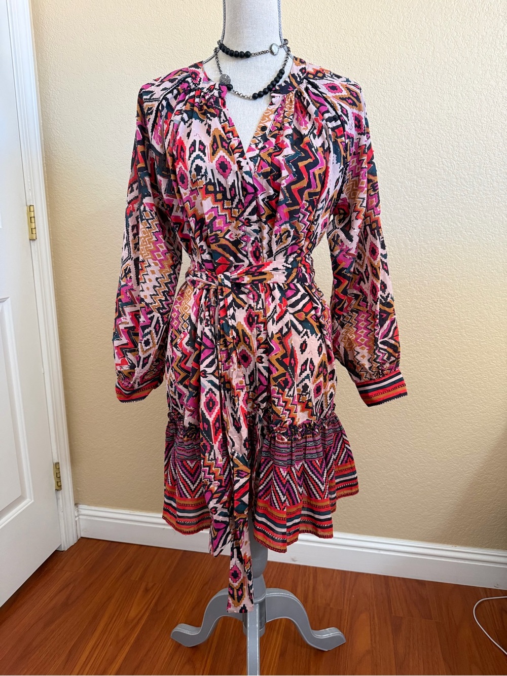 Zara Belted V-Neck Women's Dress in Pink Multi